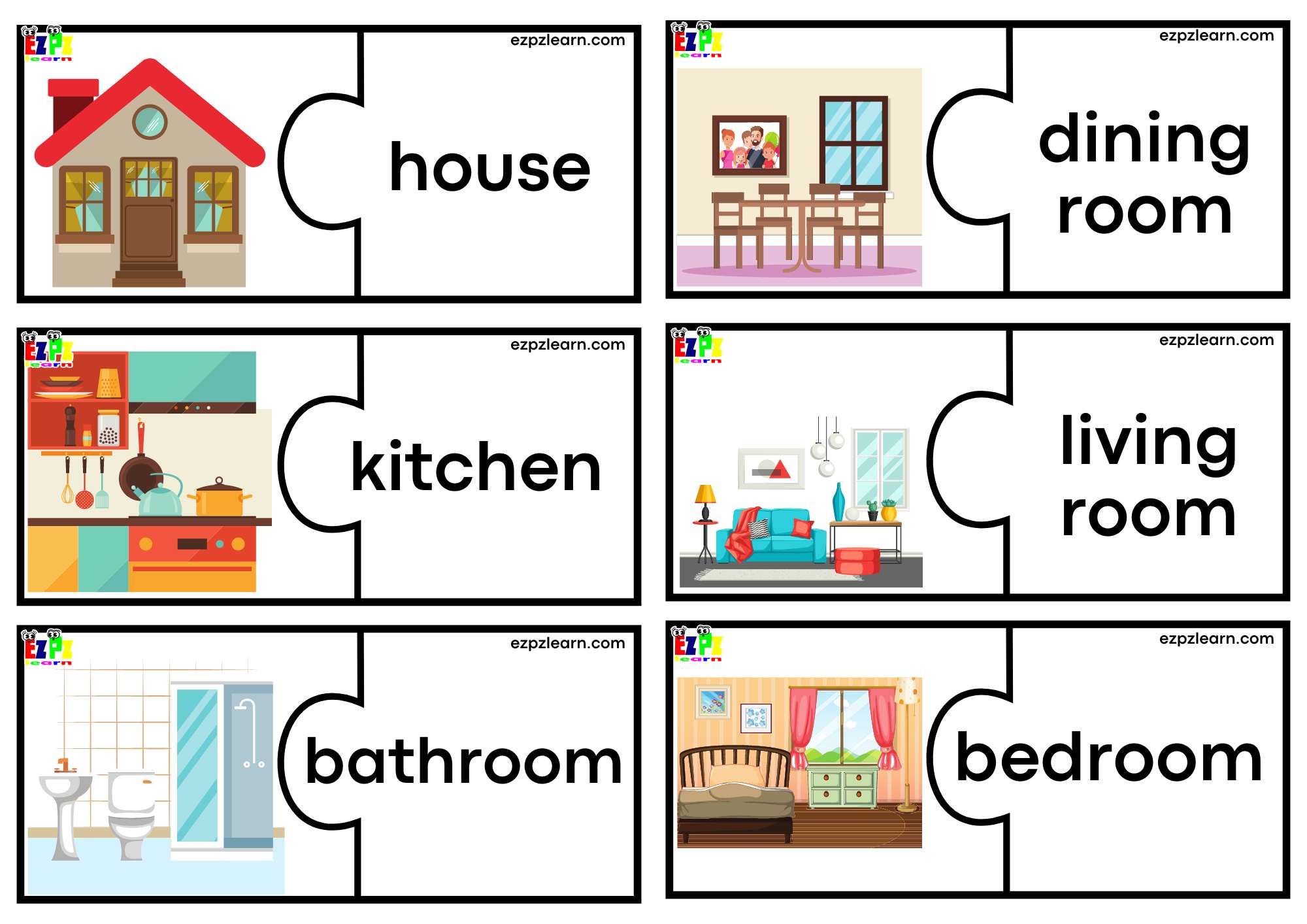 House Rooms Puzzle Match Game. Large Size 6 Words per page. Free PDF Download